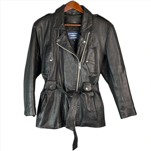 SCREAMING EAGLE Leather Motorcycle Jacket Black Tied Waist Removable Lining M - Picture 2 of 14